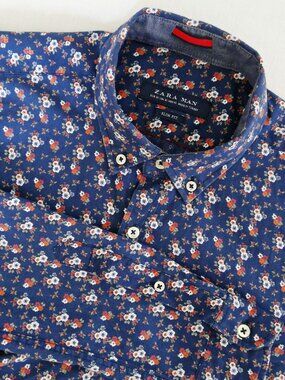 ZARA MAN Size Medium Slim Fit Navy Floral Print Long Sleeve Button Down Shirt